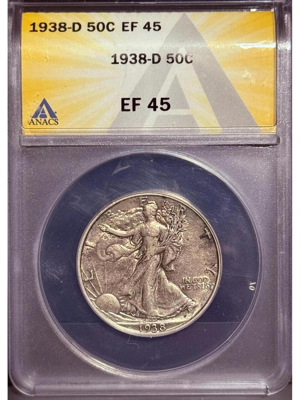 1938 D Walking Liberty Half Dollar • KEY DATE • Graded ANACS EF45 Extremely Fine
